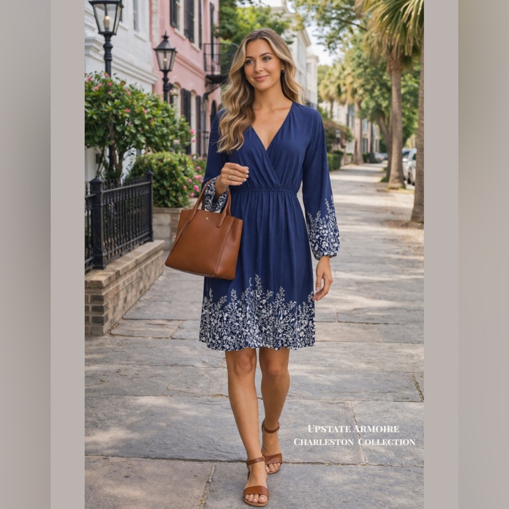 Old Navy Navy Floral Faux Wrap Dress Boho Coastal Size L - Picture 4 of 12
